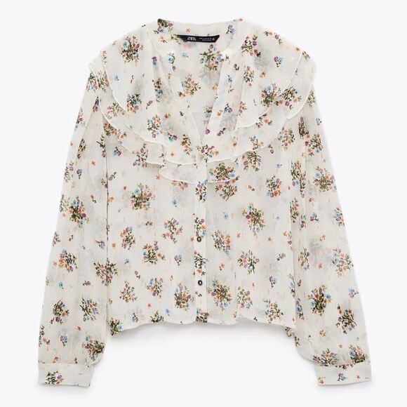 ZARA RUFFLED FLORAL SEMI SHEER BLOUSE - Picture 1 of 3
